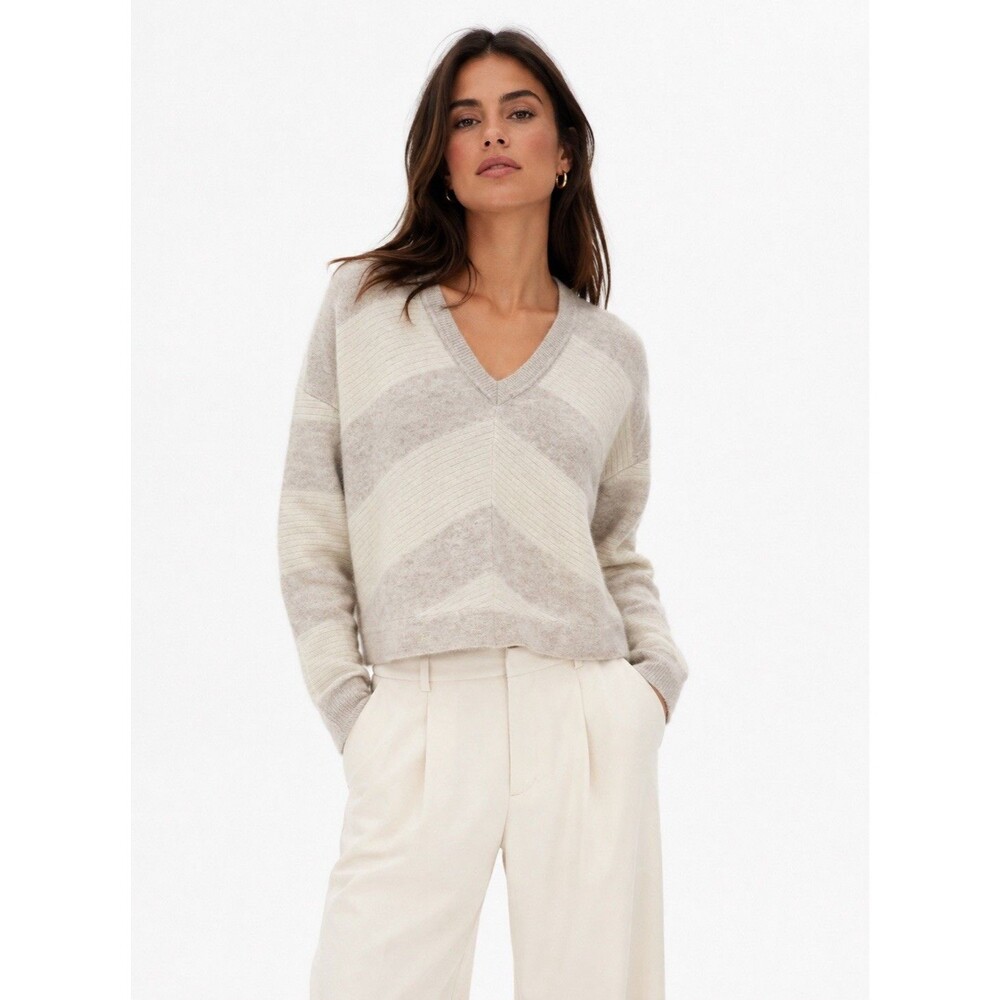 AQUA 100% Cashmere Striped V-Neck Cropped Sweater Women XS Beige Cream Knit